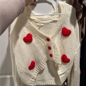 Chic White Sweater with Red Heart Accents